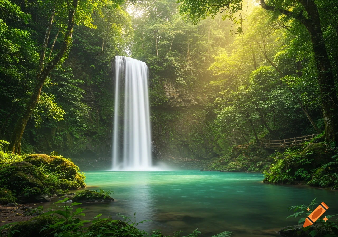 A majestic waterfall cascades into a turquoise pool in a lush, sun-dappled tropical forest with a wooden bridge.