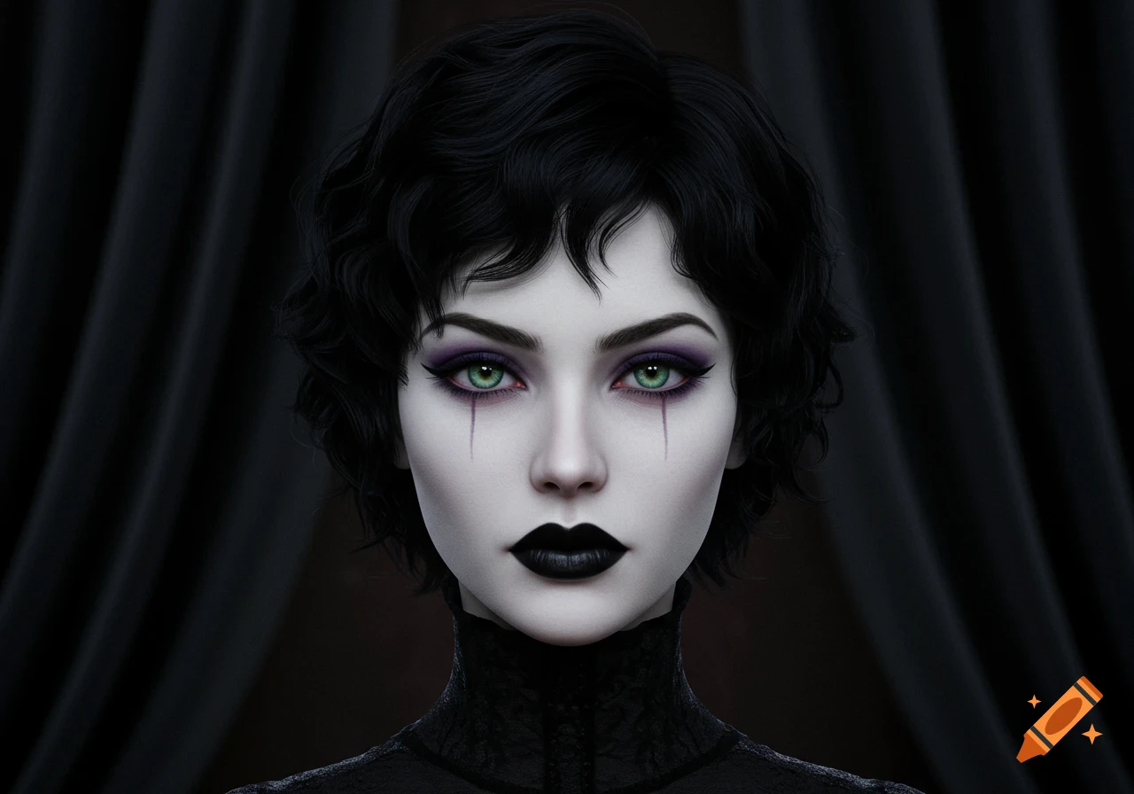 Ultrarealistic portrait of a gothic woman with black curly hair, green eyes, purple eyeshadow, and black lipstick.