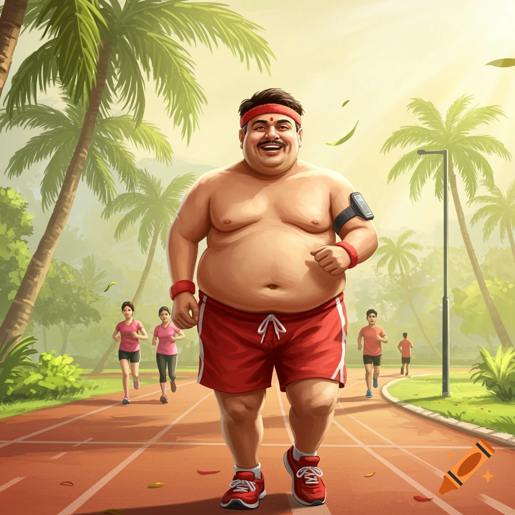 Smiling, chubby Indian man in red shorts and headband jogs on an outdoor track. Palm trees and other runners in background. Digital illustration.