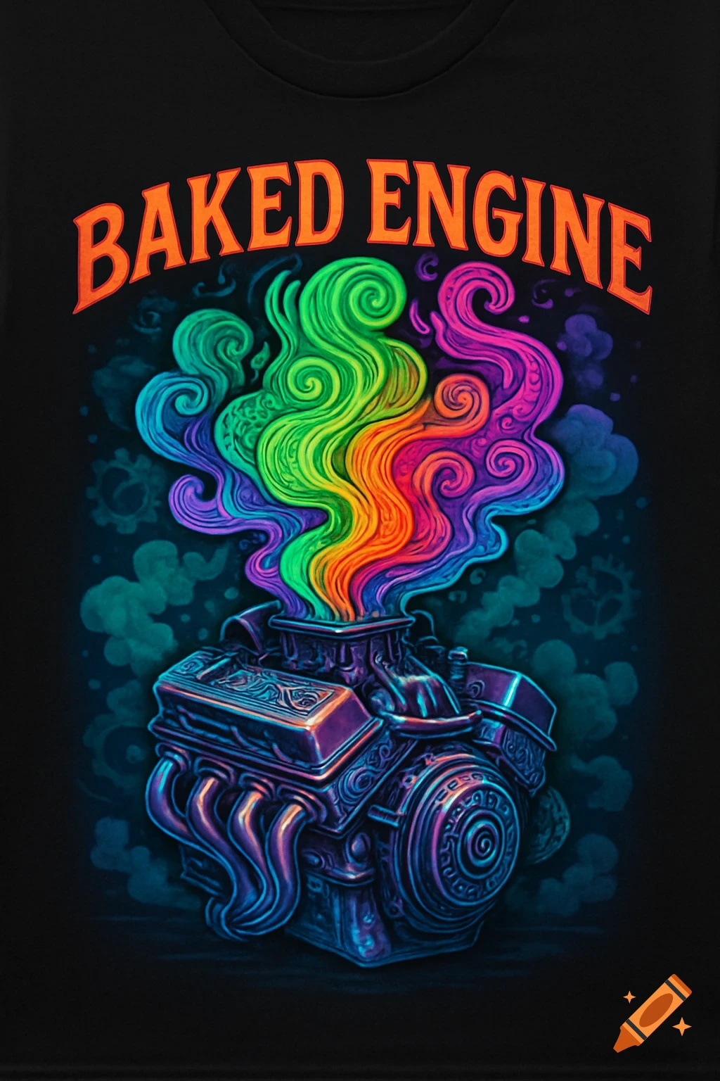 A vibrant illustration of an engine emitting rainbow-colored smoke, with the text 'BAKED ENGINE' above on a black background.