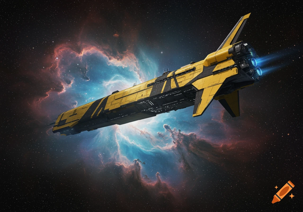 A large yellow and black spaceship with blue engine glows flying through space with a colorful nebula in the background.
