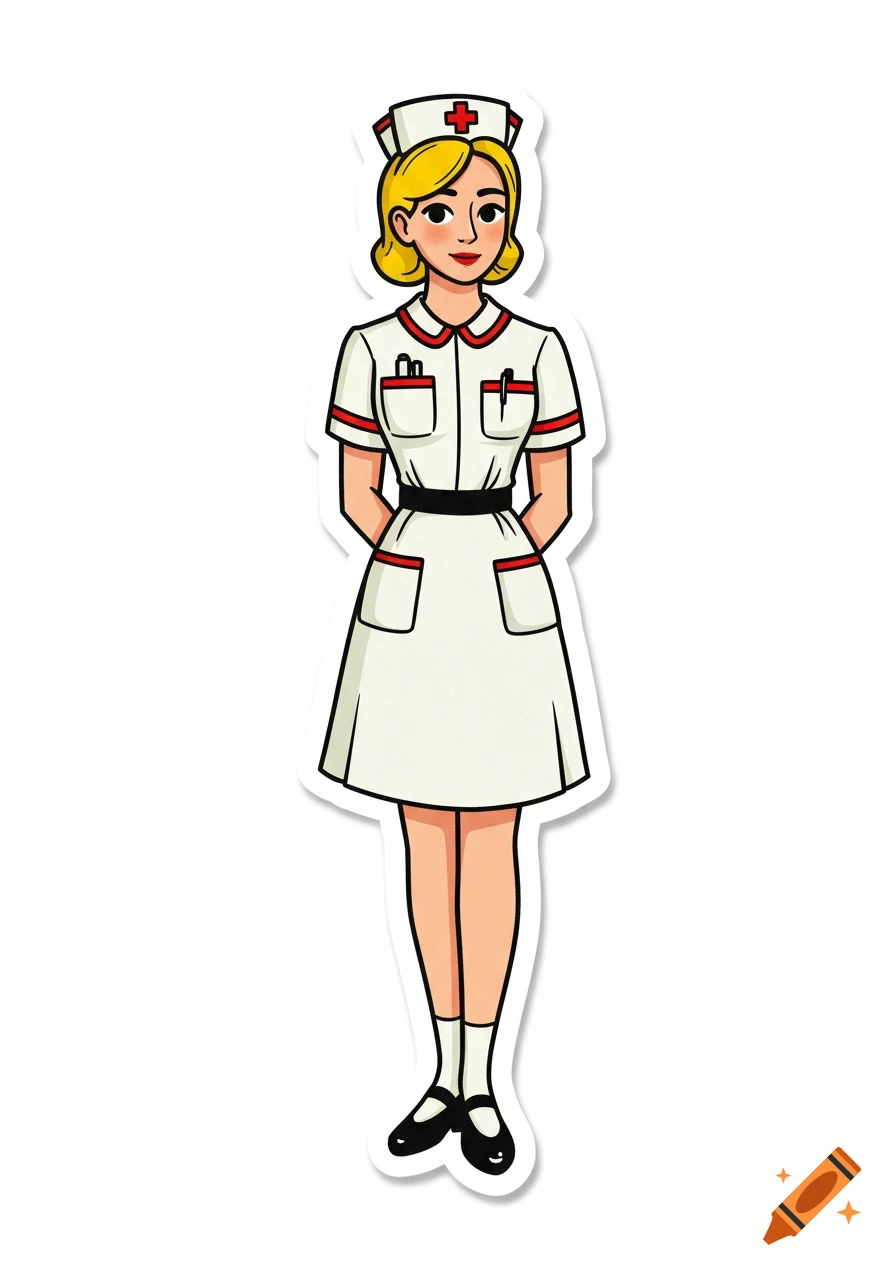 A cartoon illustration of a blonde female nurse wearing a white uniform with red accents and a cap with a red cross.
