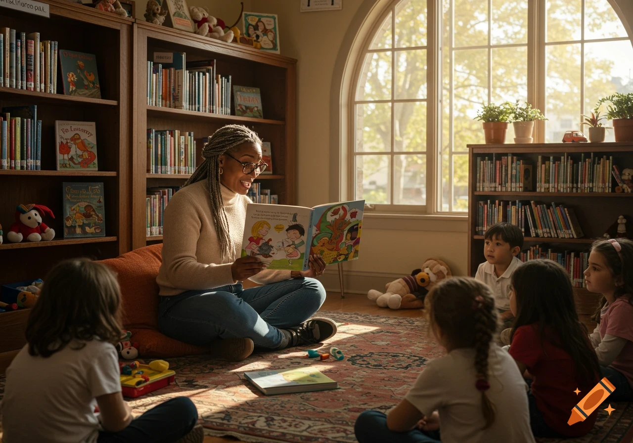 A female librarian with gray braids and glasses reads a picture book to a group of children sitting on a rug in a sunlit library.