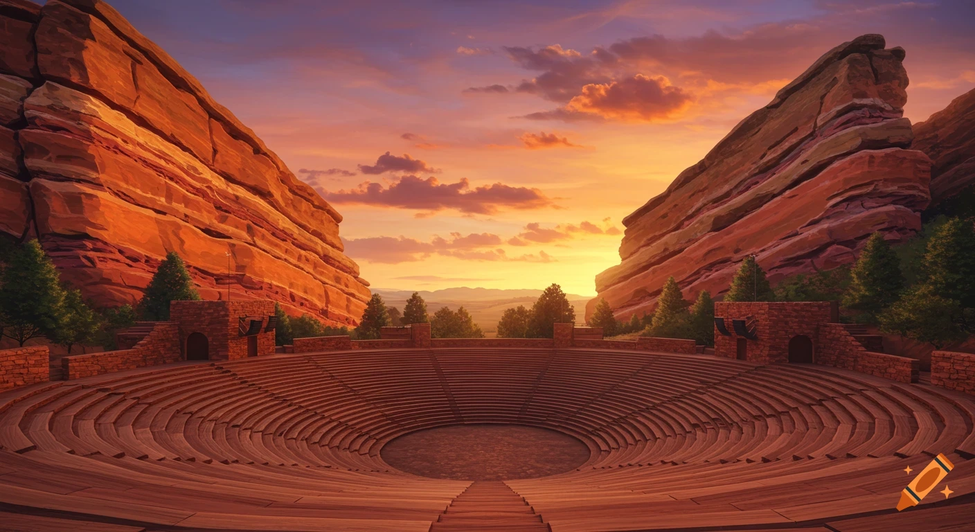 Red Rocks Amphitheatre at sunset, showing the circular seating area and stage between two towering red rock formations under an orange sky.