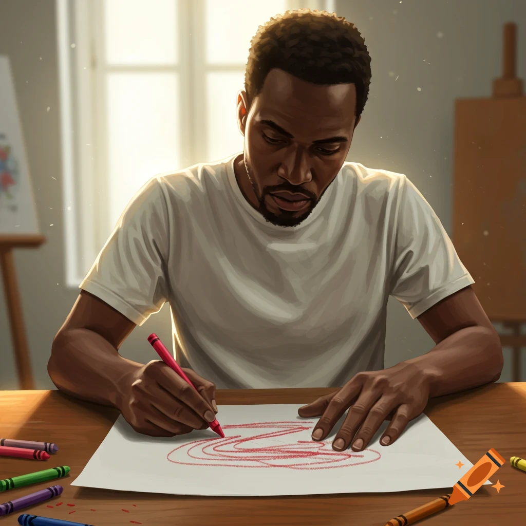 A man with a beard in a white t-shirt uses a red crayon to draw on a paper, with other crayons scattered on the table.