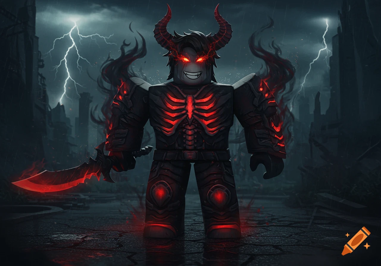 A Roblox character, a demon with red horns and glowing red eyes, stands in dark skeletal armor with a glowing red sword in a destroyed city under lightning.