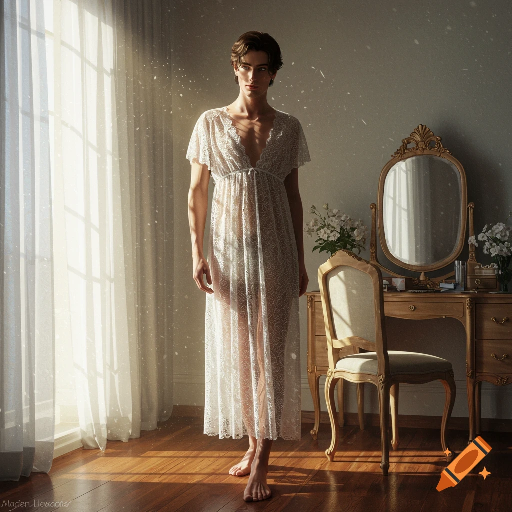 A tall man in a sheer white lace nightgown stands barefoot in a sunlit bedroom next to a dressing table, in a photorealistic style.