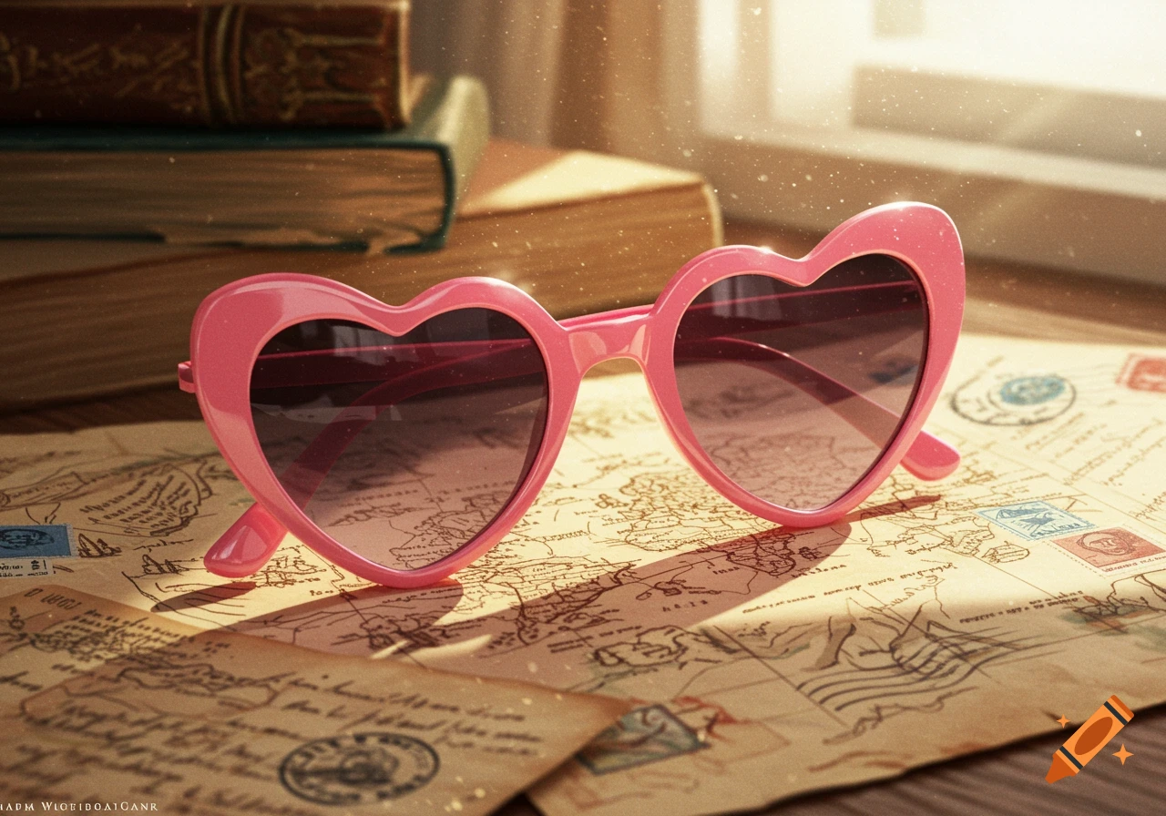 A pair of pink heart-shaped sunglasses rests on old maps and letters, with stacked books in the background, bathed in warm light.