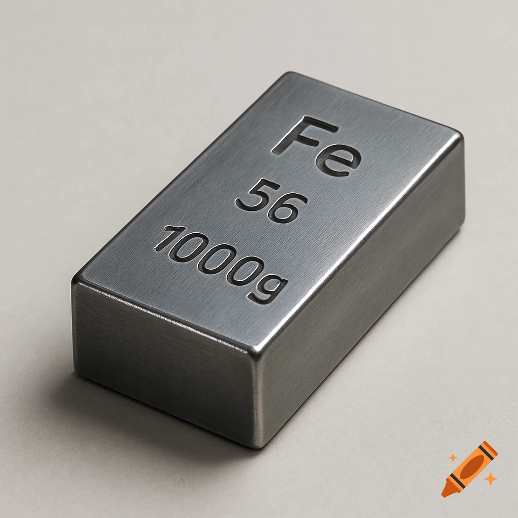 A photorealistic image of a polished, rectangular iron bar with 'Fe', '56', and '1000g' engraved on its top surface.