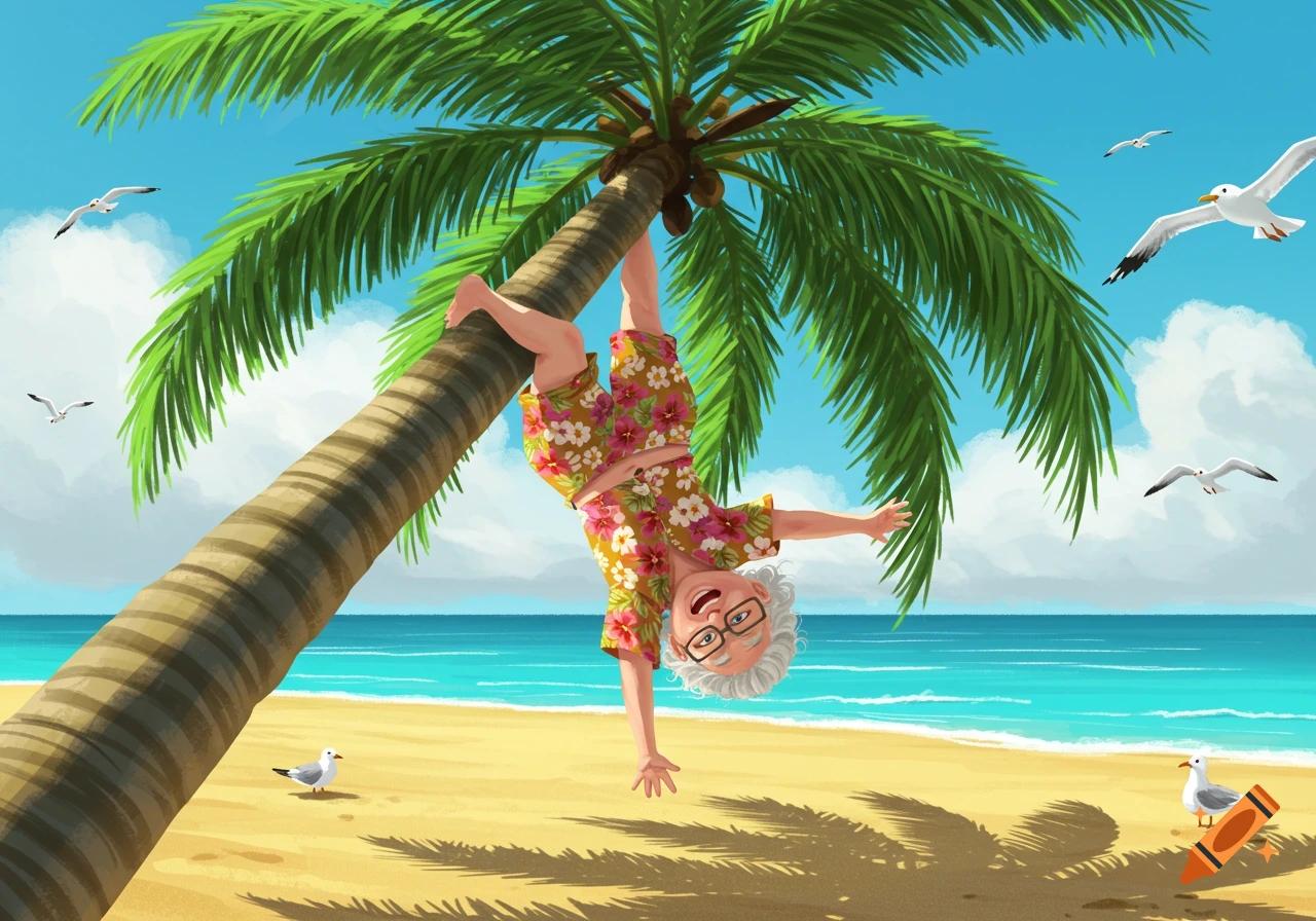 A smiling elderly woman in a floral outfit hangs upside down from a palm tree on a sunny tropical beach with seagulls.