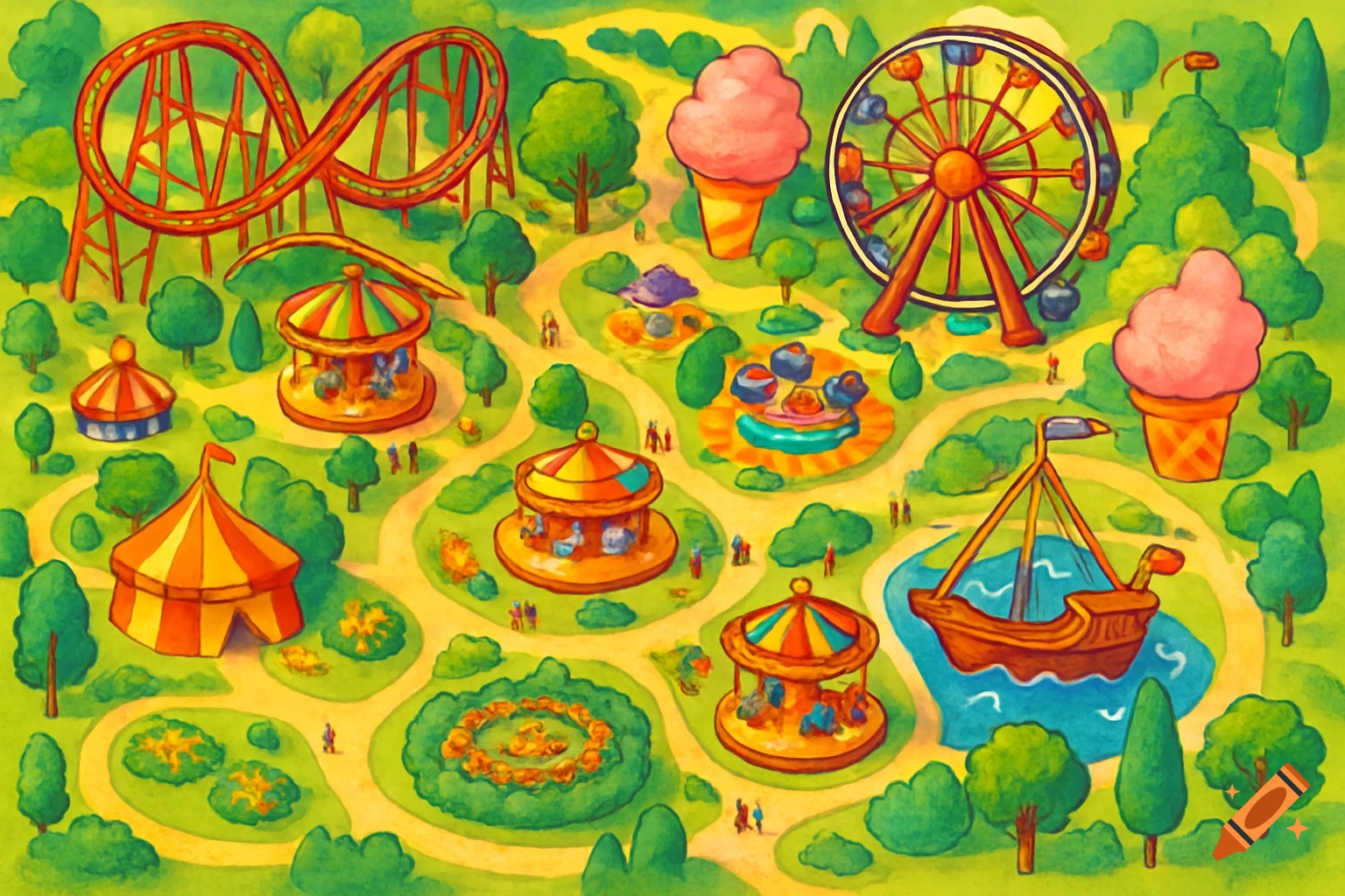 A colorful, overhead illustration of a theme park map featuring a roller coaster, Ferris wheel, carousels, a boat ride, and paths.