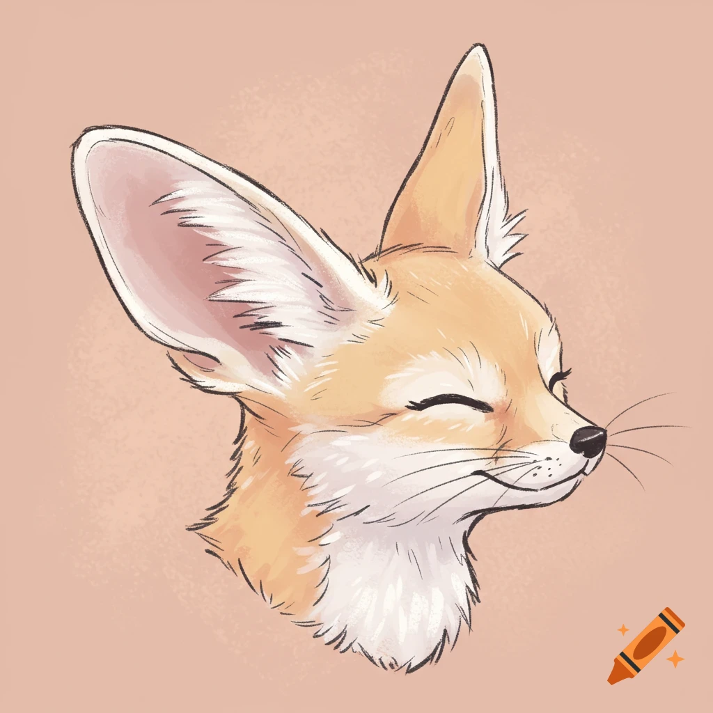 A cartoon profile drawing of a fennec fox with closed eyes, on a pink background.