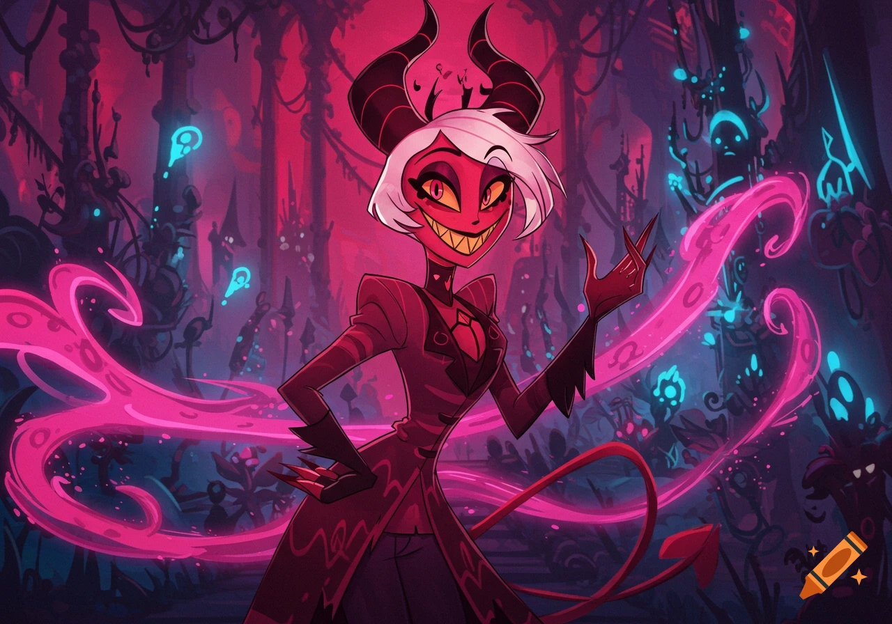 A cartoon demon with white hair, red skin, horns, and a tail, grinning in a dark, glowing underworld.