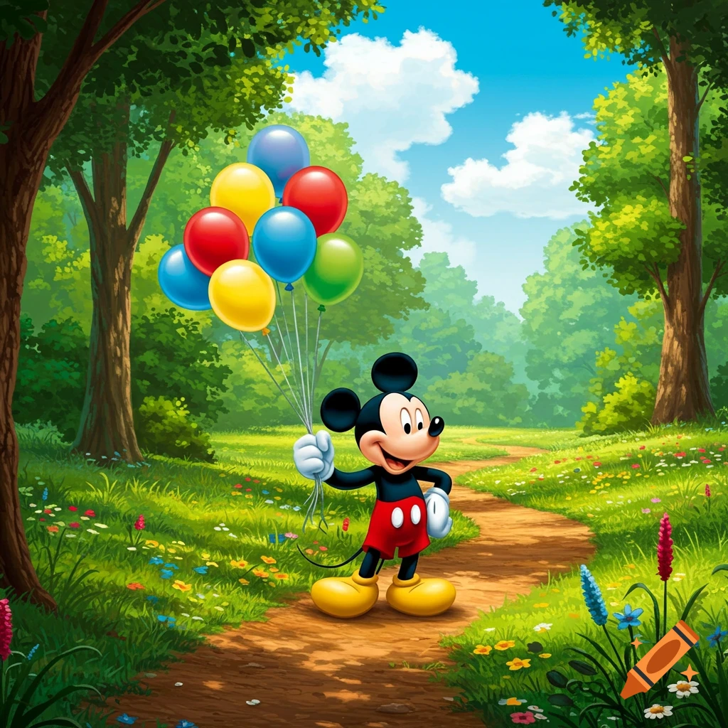 Mickey Mouse holds colorful balloons on a dirt path in a vibrant green forest with trees and flowers under a blue sky.