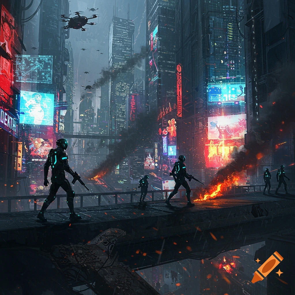A dark cyberpunk city street with futuristic soldiers and drones amid fires and smoke, suggesting a conflict or war scene.
