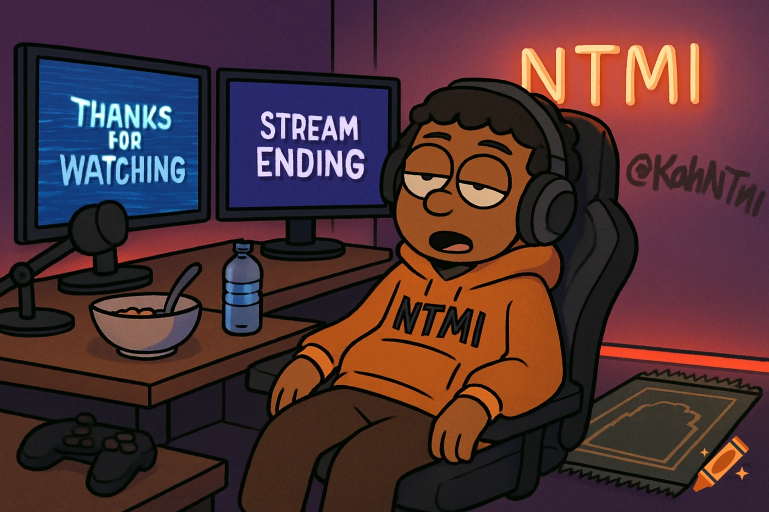 A cartoon boy with sleepy eyes slouches in a gaming chair in a dark room with monitors showing 'THANKS FOR WATCHING' and 'STREAM ENDING'.