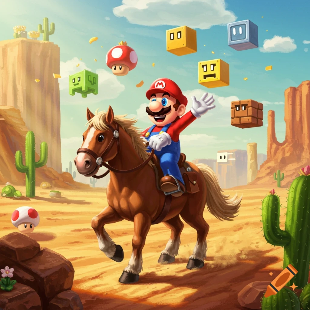 Super Mario rides a horse through a desert landscape with cacti, rocks, and floating blocks and mushrooms in a vibrant, illustrative style.