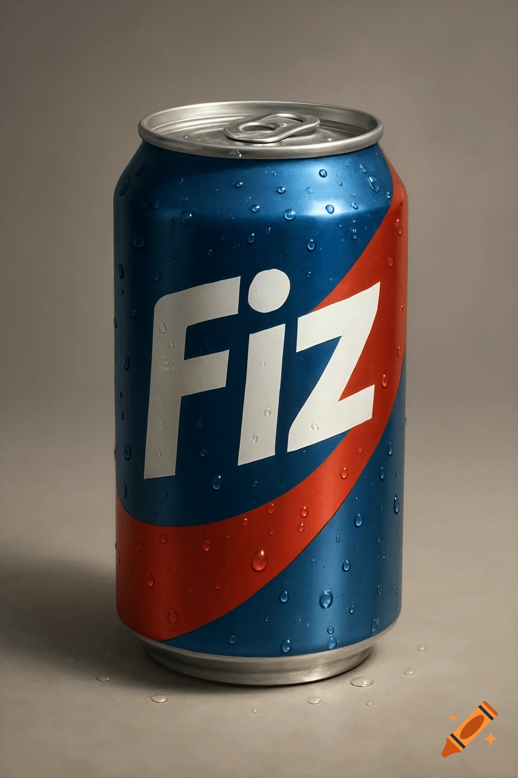 Photorealistic image of a blue and red soda can with water droplets and the 'FIZ' logo.