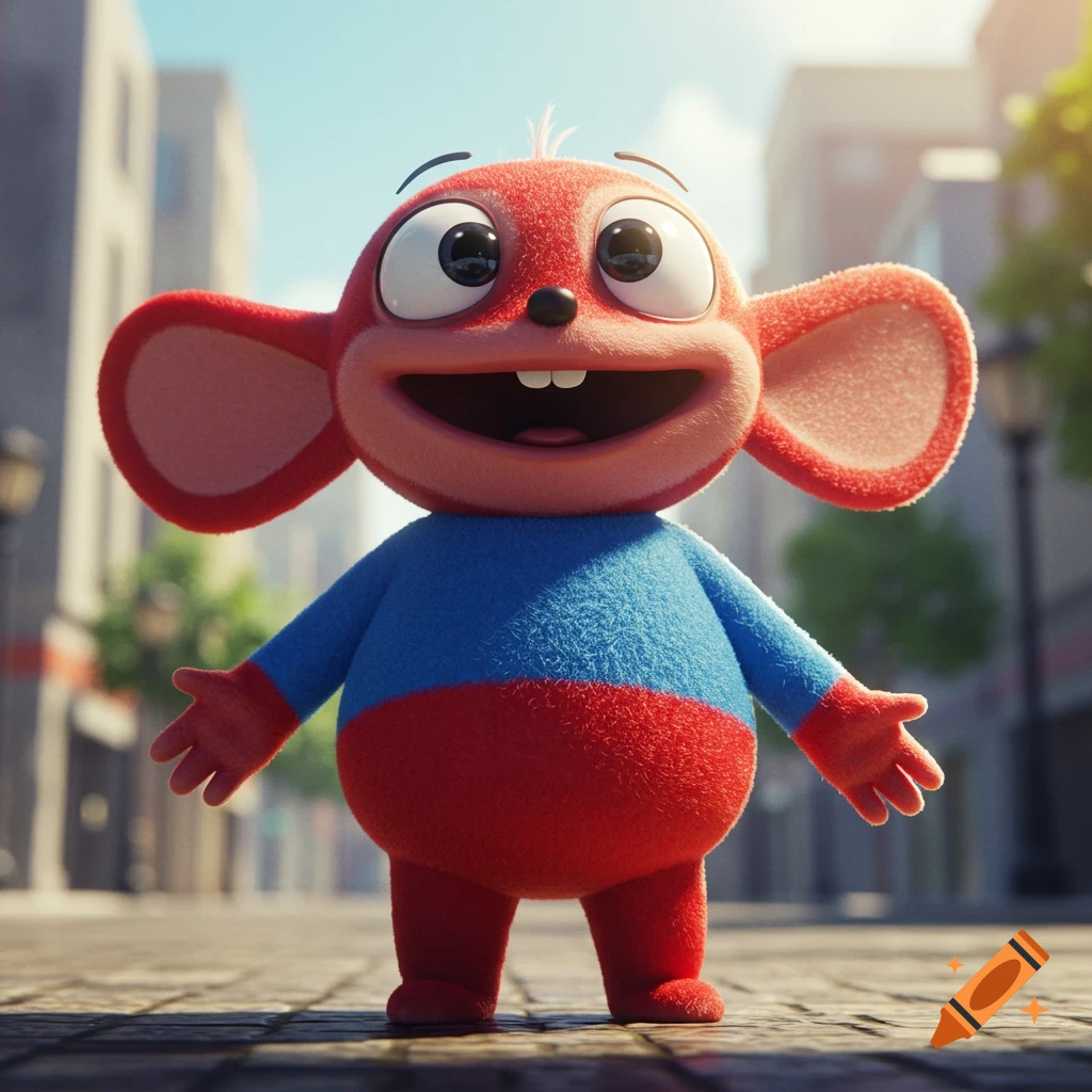 A cute, furry red and blue cartoon character with large eyes and a wide smile stands on a city street.