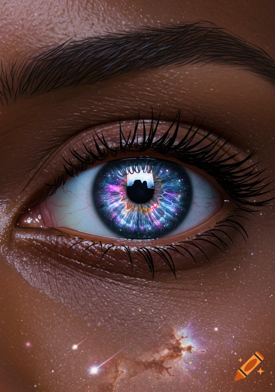 A close-up of a dark-skinned person's eye, with the iris depicting a vibrant galaxy of swirling blue and purple stars and nebulae. Stars extend into the skin below.