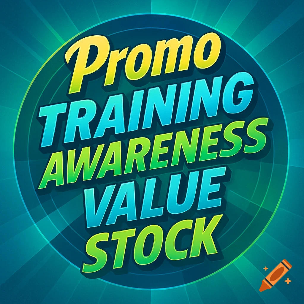 A vibrant circular graphic with the words 'Promo', 'Training', 'Awareness', 'Value', 'Stock' in bold, colorful fonts on a radial blue-green background.