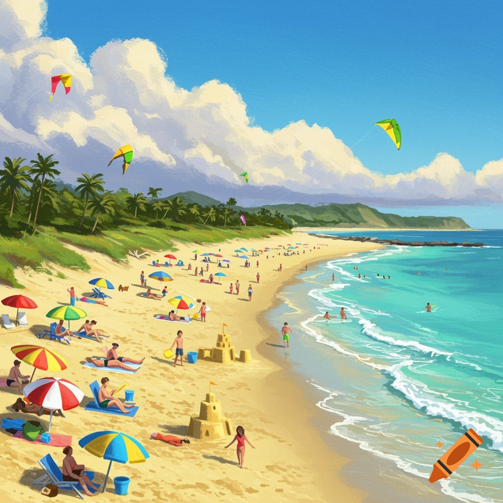 A vibrant, painterly illustration of a busy tropical beach with many people, colorful umbrellas, kites, and sandcastles under a sunny sky.