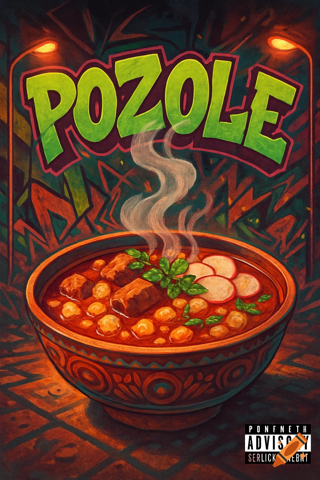 A colorful rap album cover featuring a steaming bowl of pozole stew with meat, hominy, and radishes, against a vibrant, abstract background with streetlights. The word "POZOLE" is prominently displayed in a bold green font at the top.