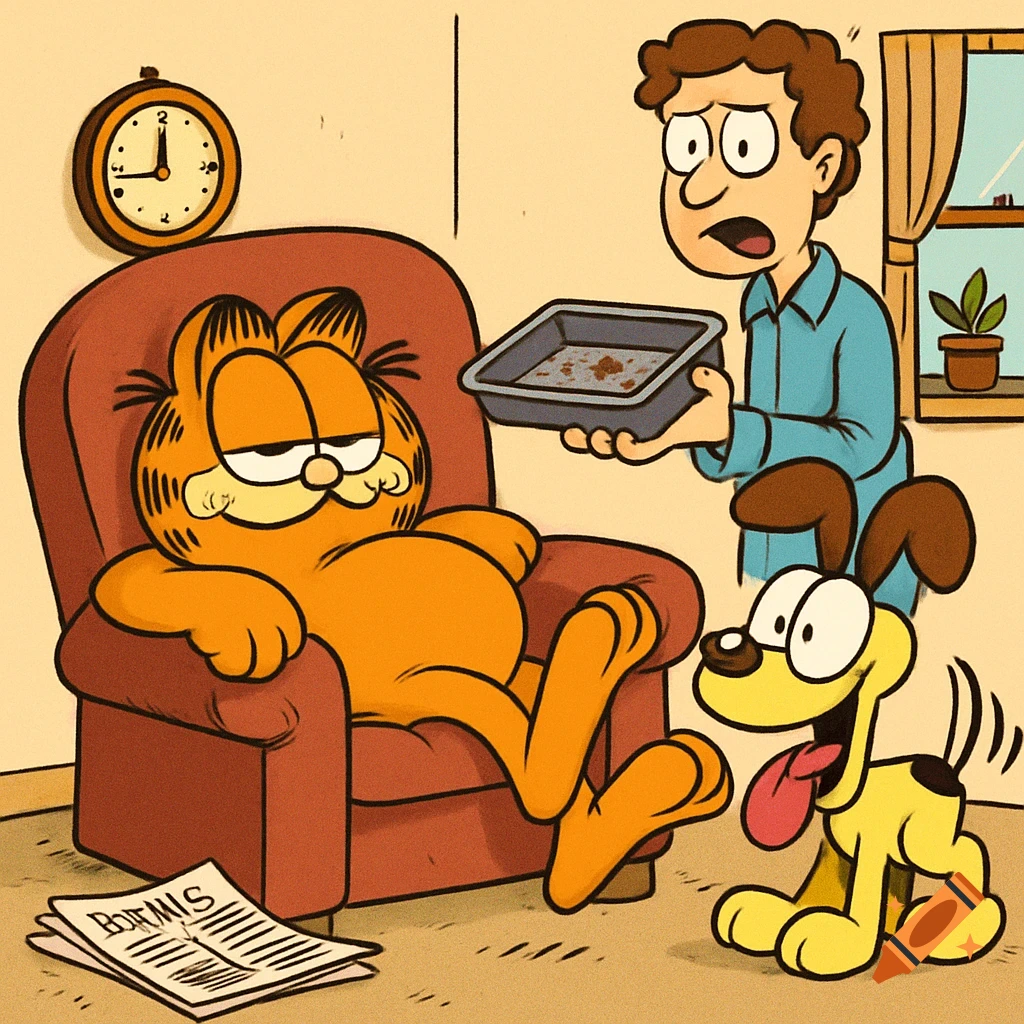 A cartoon scene with Garfield lounging in a chair, Jon holding a dirty litter box, and Odie looking on happily.