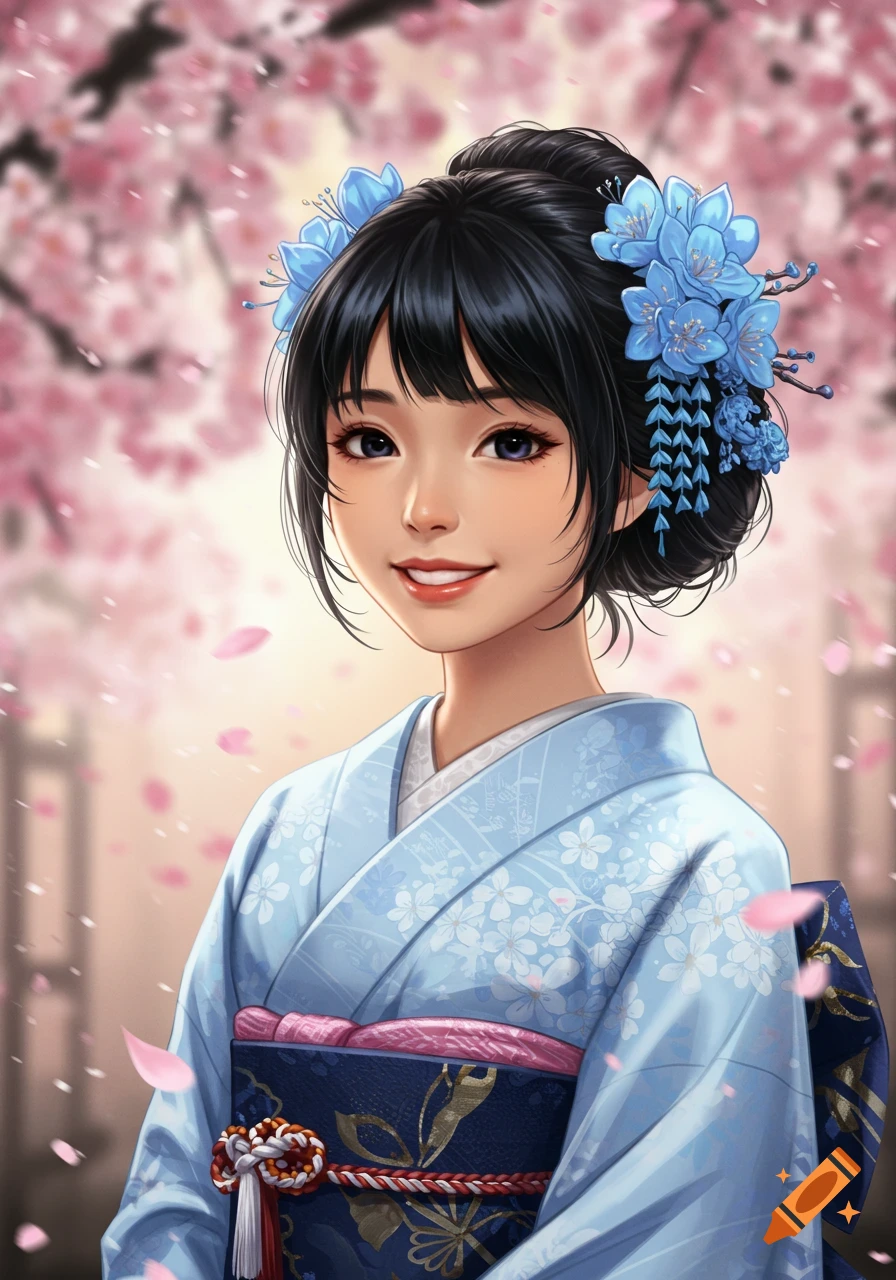 An illustrated portrait of a smiling woman in a light blue kimono with floral hair accessories, standing under pink cherry blossoms.