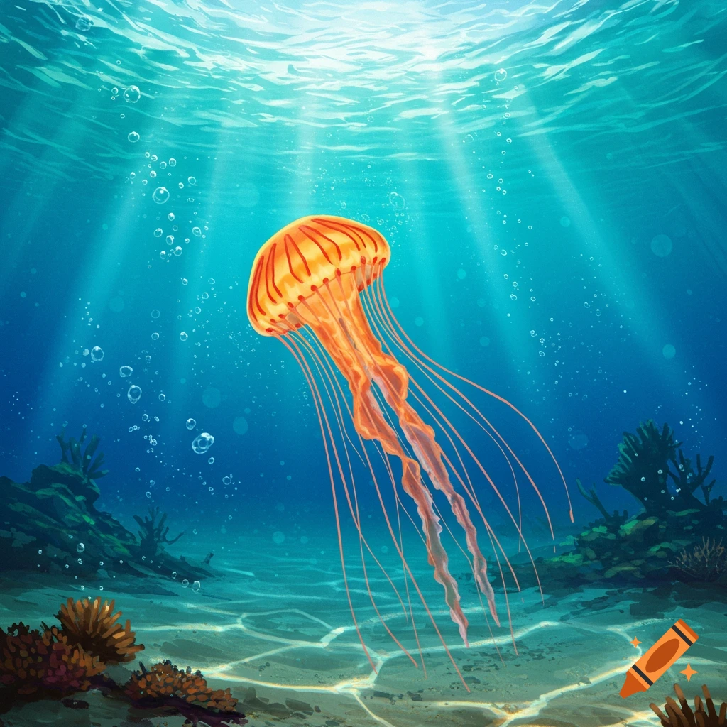 An orange jellyfish with long tentacles floats gracefully in clear blue ocean water, with sunlight beams piercing through the surface to illuminate the sandy seafloor with coral and rocks.