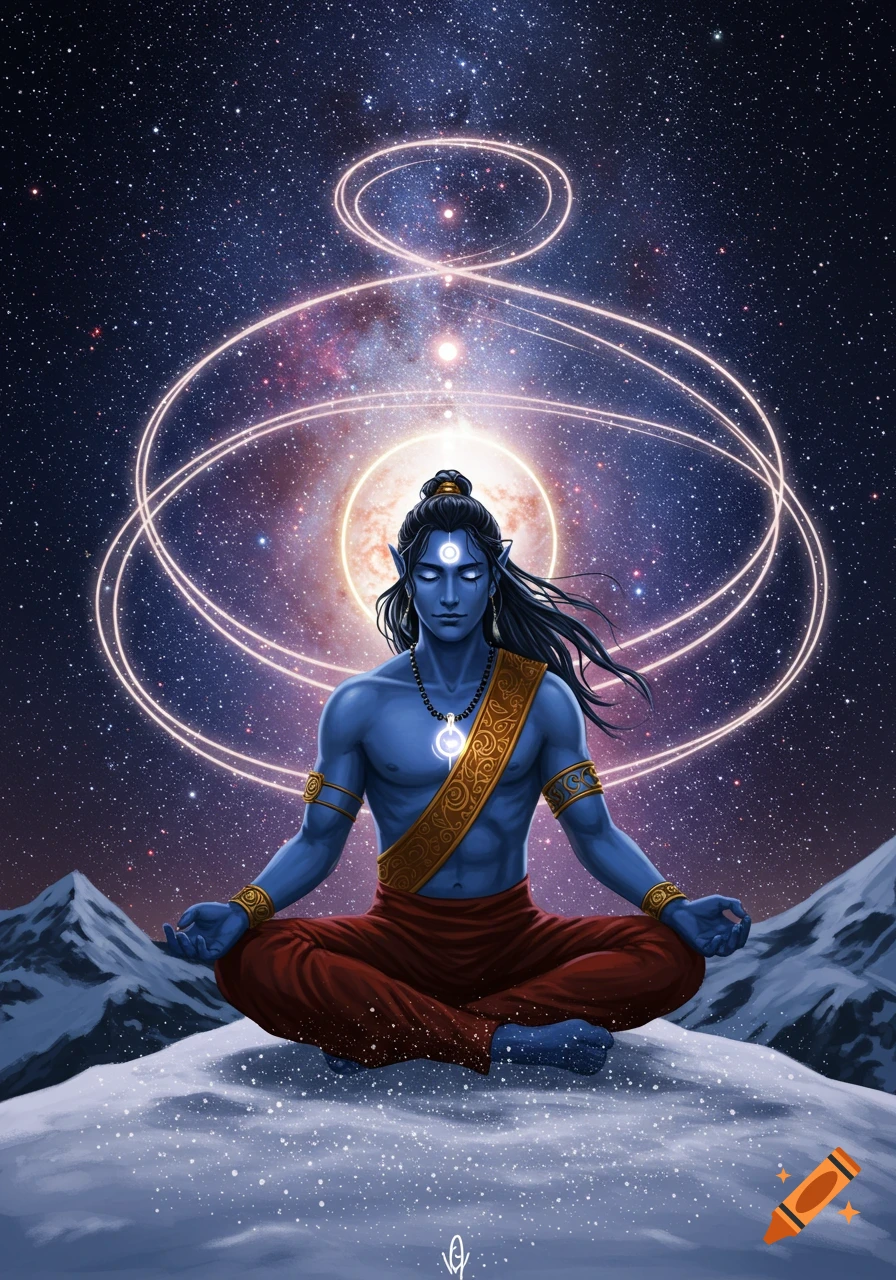A blue-skinned male figure with glowing eyes meditates on a snowy mountain under a cosmic night sky with glowing energy rings.