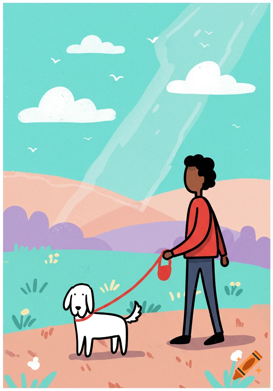 An illustration of a brown person in a red shirt walking a white dog on a red leash through a colorful landscape under a teal sky.