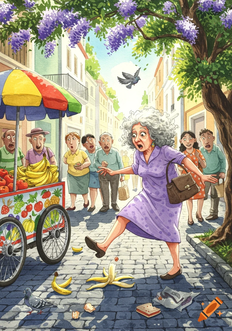 A colorful cartoon illustration of an old woman slipping on a banana peel on a cobblestone street, with shocked bystanders and a fruit cart.