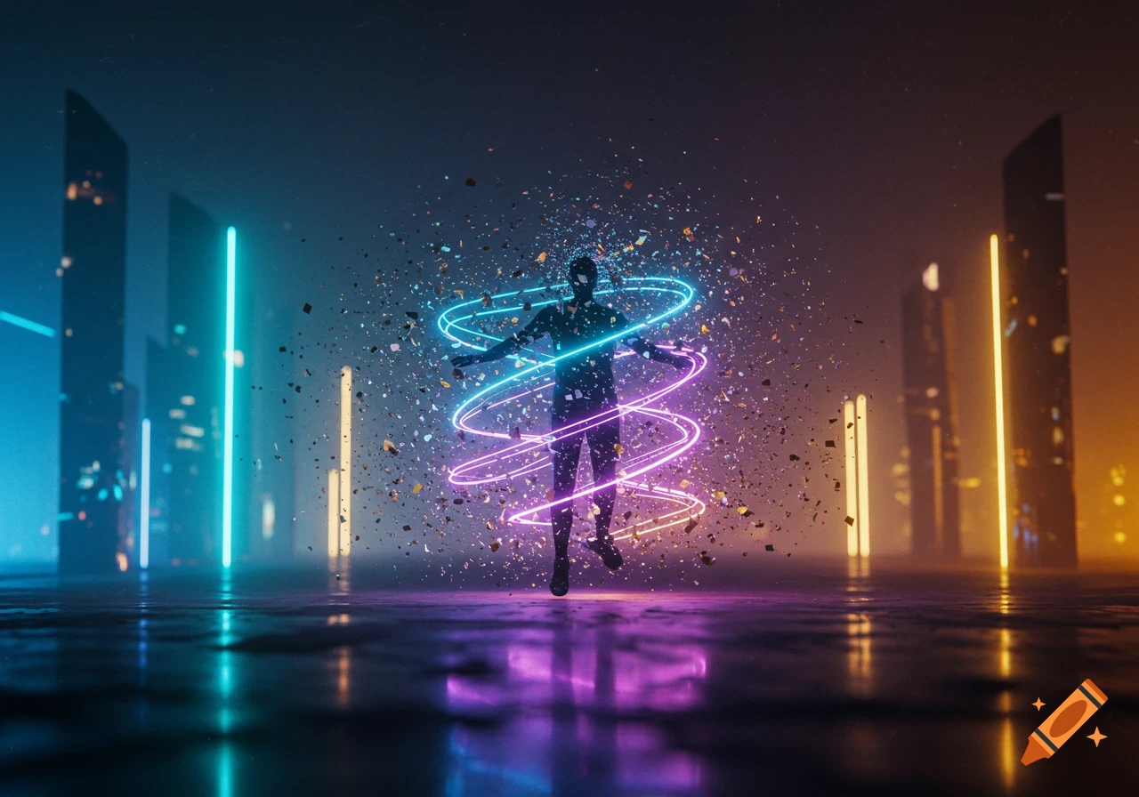 A silhouetted figure with glowing neon rings and exploding particles in a futuristic city with neon lights.