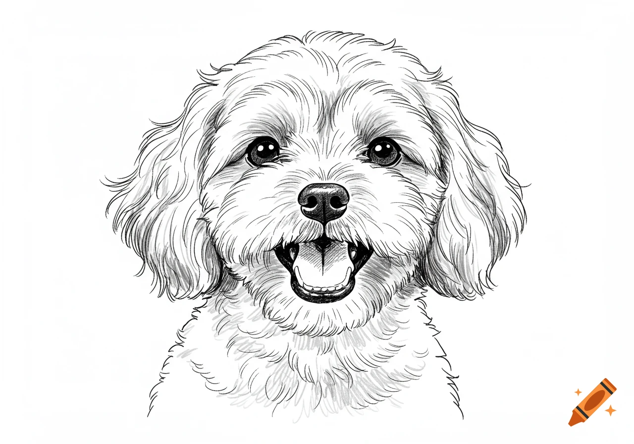 Black and white hand-drawn illustration of a cute cockapoo puppy head with a big smile.