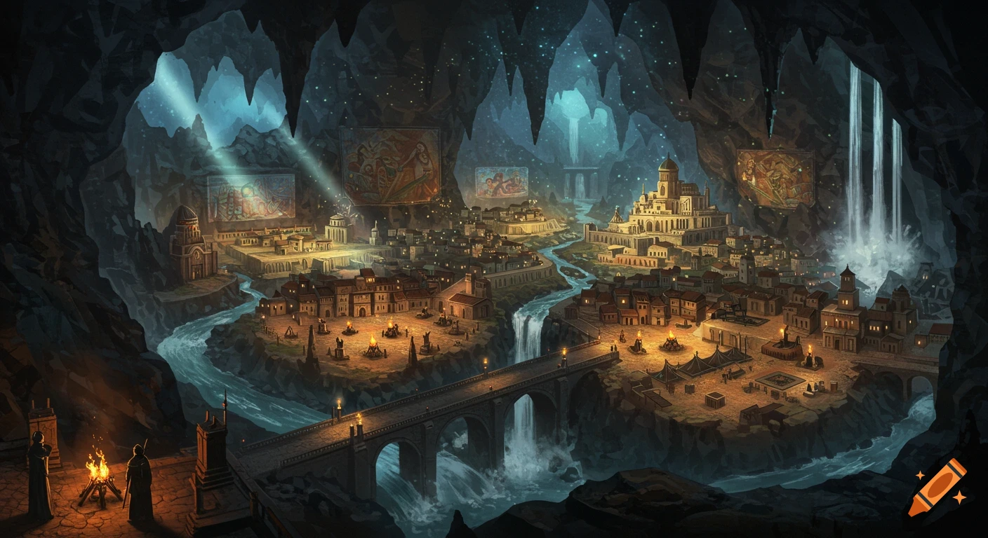 A detailed fantasy city nestled within a vast, illuminated cave, featuring a river, waterfalls, and a stone bridge at night.