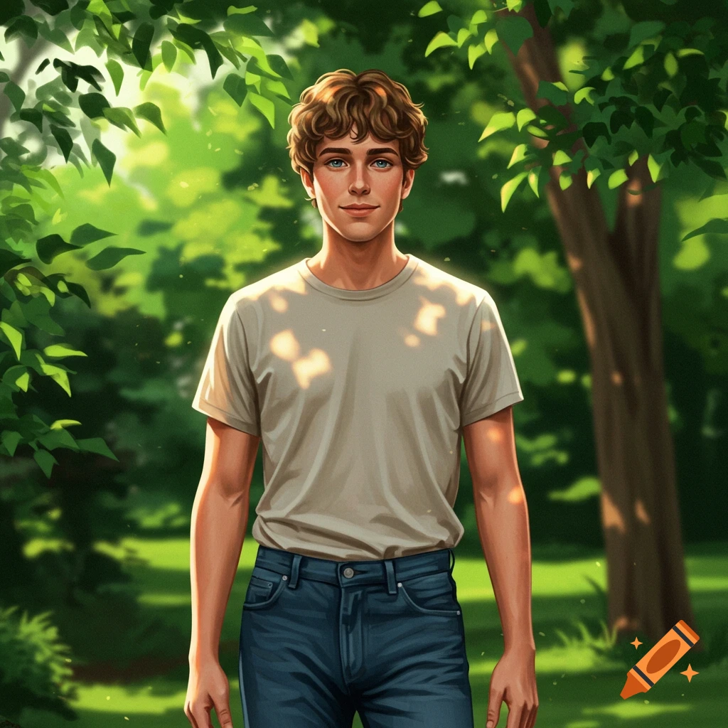 An illustration of a young man with curly hair and blue eyes standing in a sunny park.