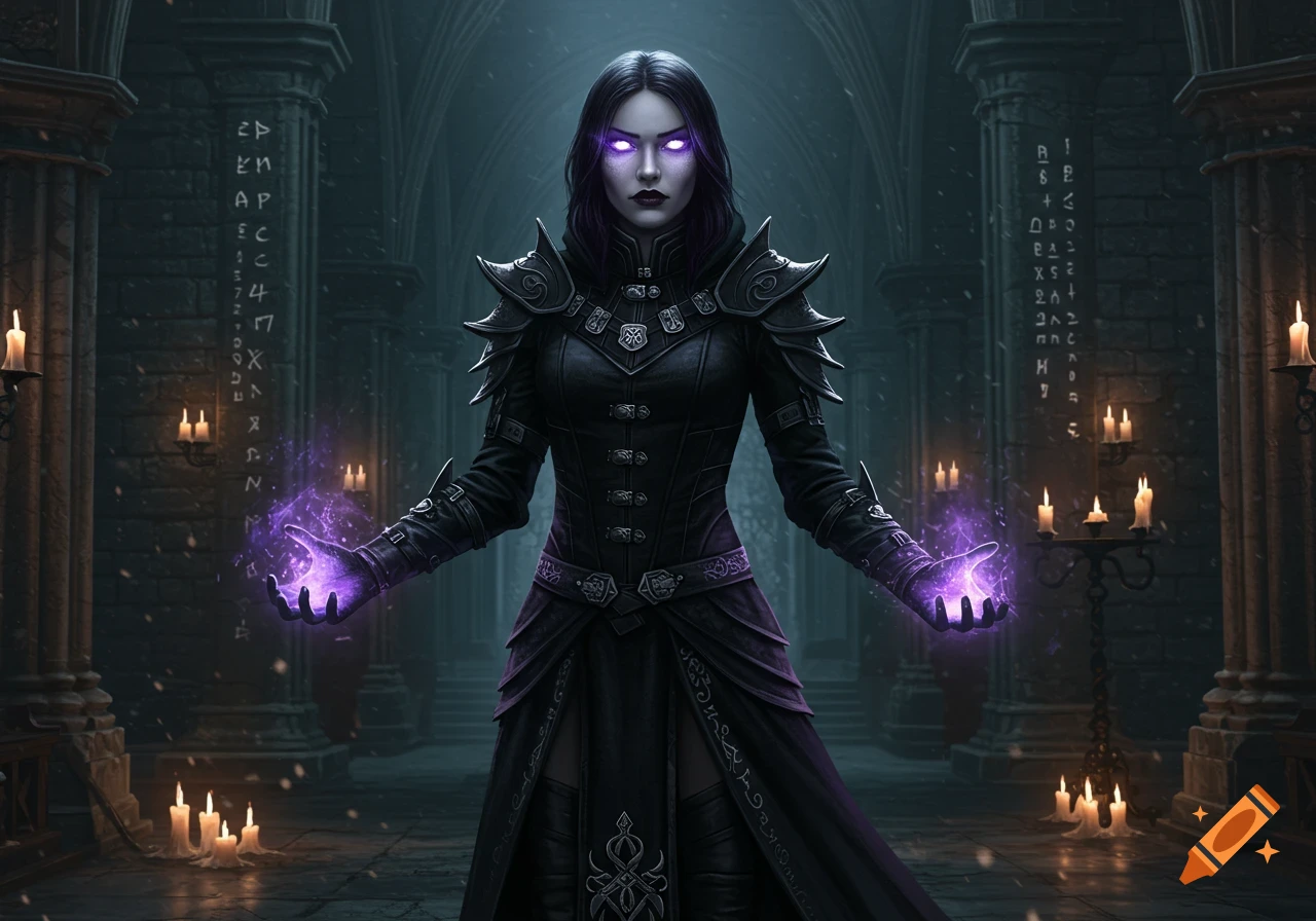 A photorealistic image of a female dark mage with glowing violet eyes and purple magic in a gothic stone chamber lit by candles.