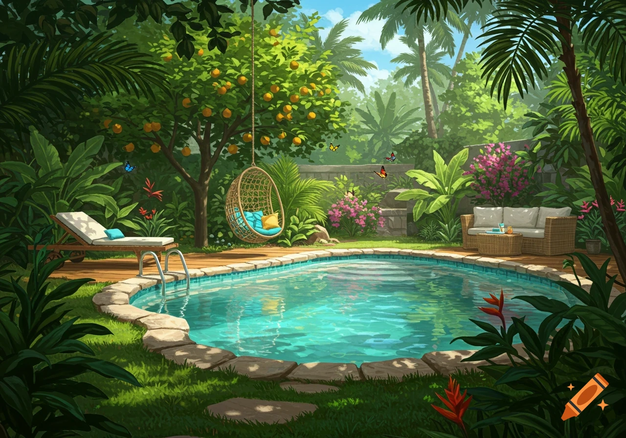 A lush, tropical backyard oasis with a swimming pool, lounge chair, hanging swing chair, and orange trees.