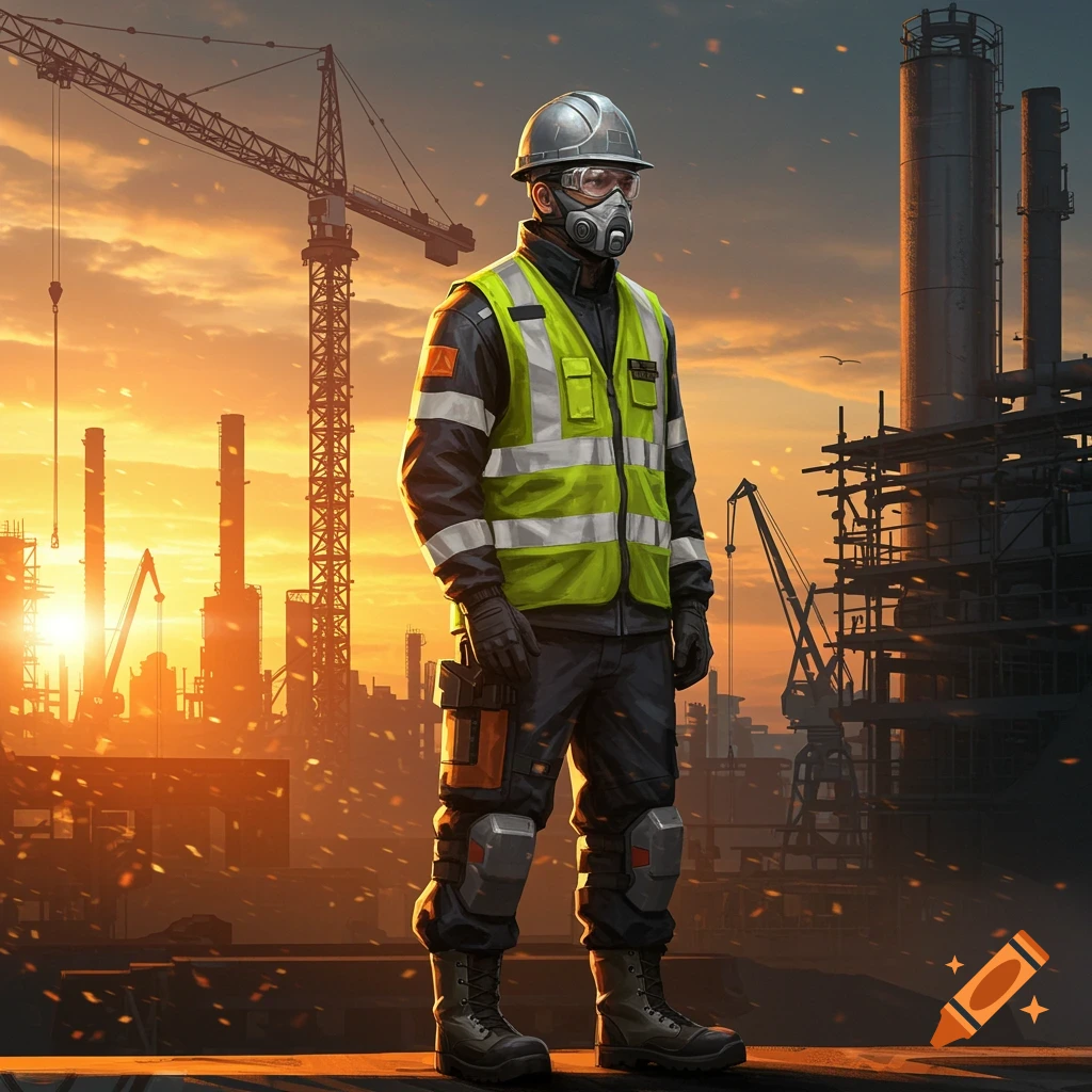 A worker in a hard hat, respirator, and high-visibility vest stands at an industrial site with cranes and factory structures at sunset.