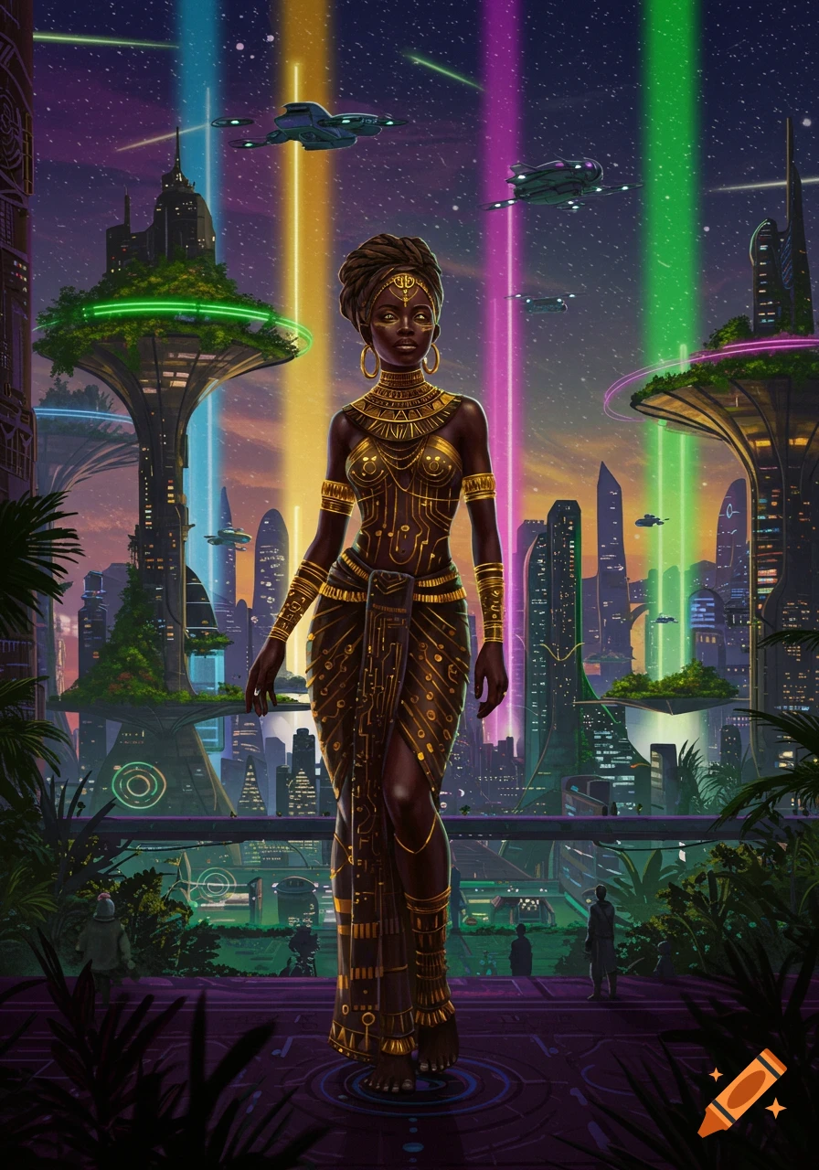 Afrofuturistic digital art of a Black woman in golden attire standing in a vibrant, futuristic city with glowing skyscrapers and flying vehicles.