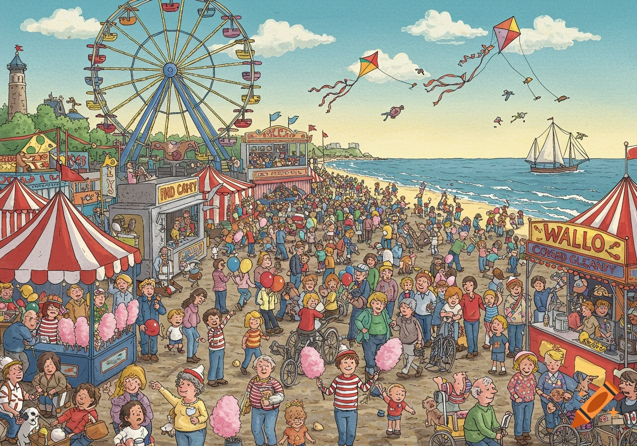 A detailed, bustling illustration of a seaside fair with a large crowd, Ferris wheel, tents, and kites flying over the beach.