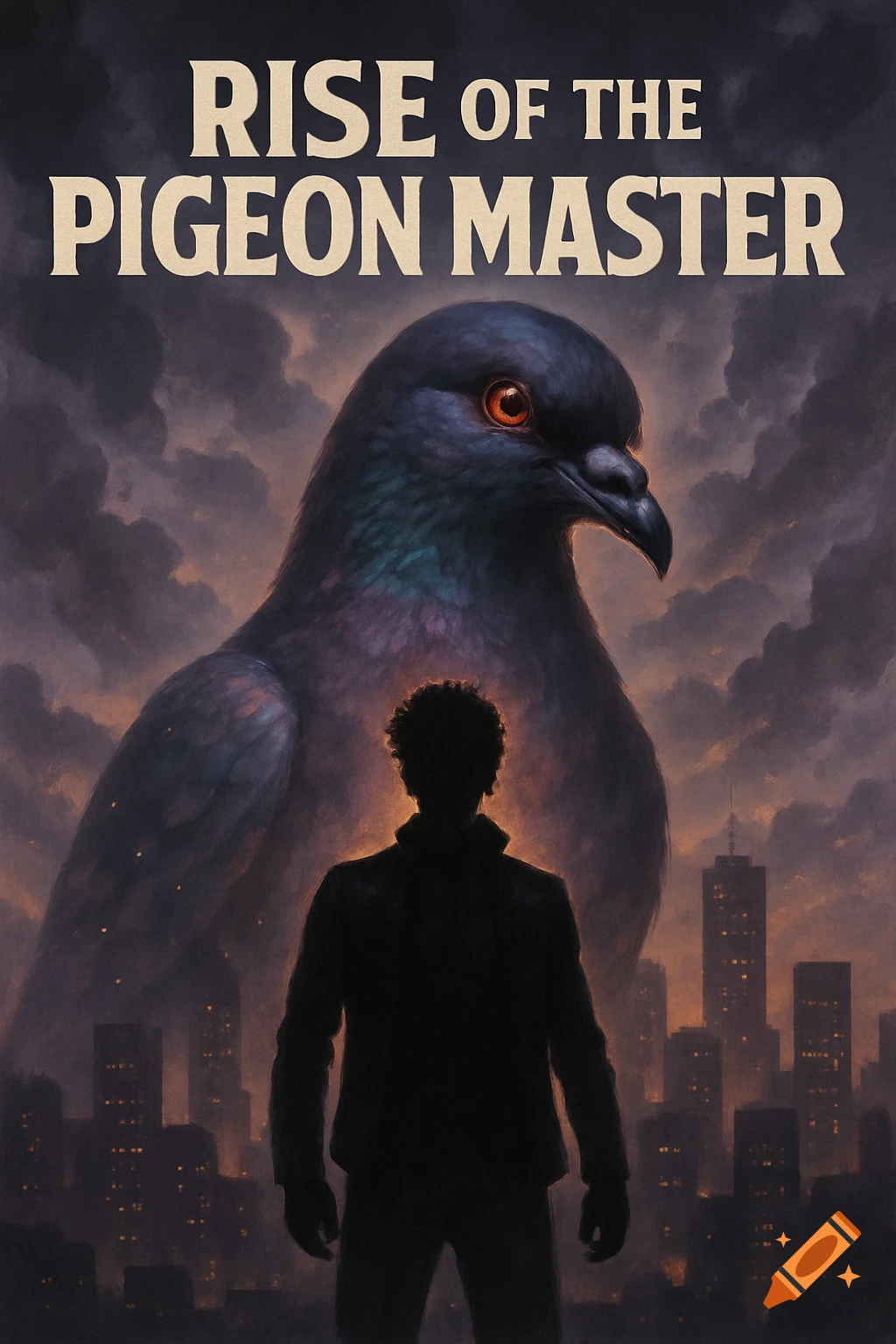 A silhouetted figure with curly hair stands in a city at sunset, facing a giant, menacing pigeon. The title 'RISE of THE PIGEON MASTER' appears at the top.