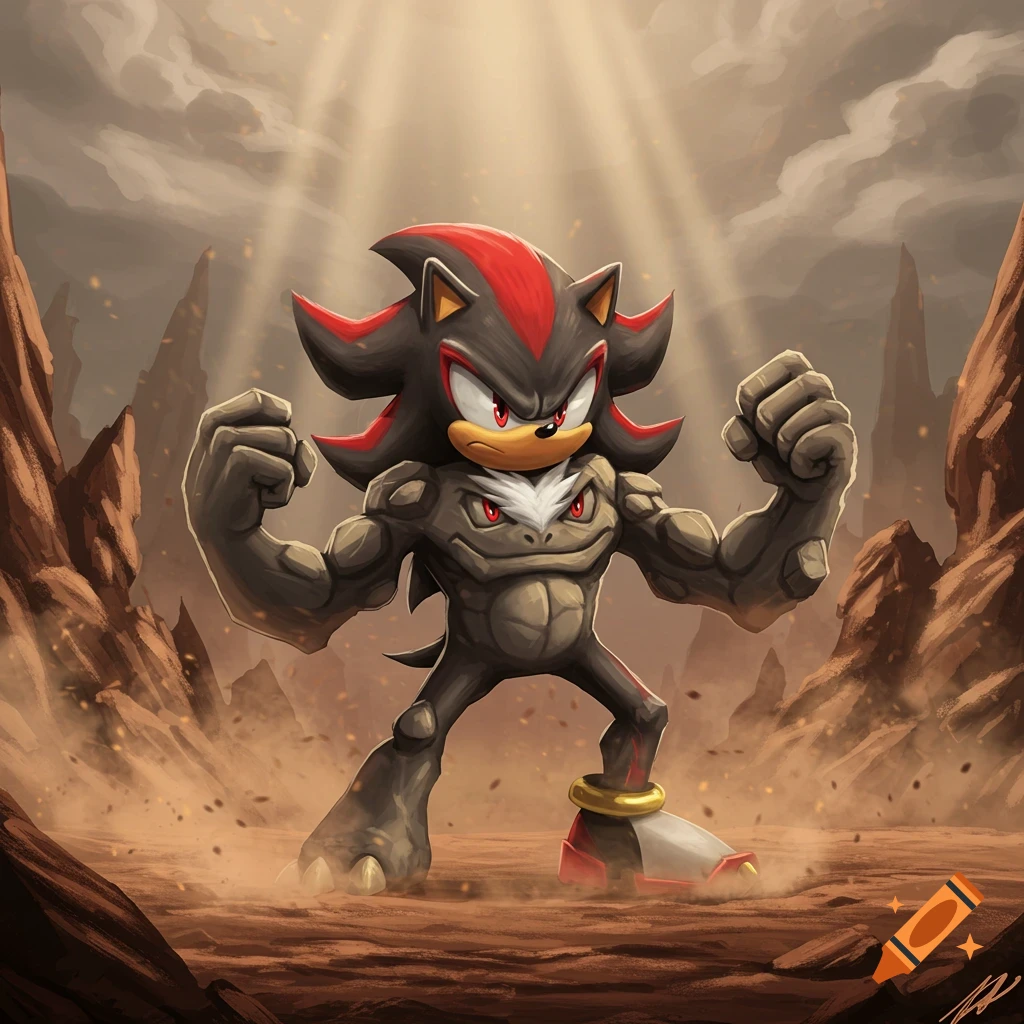 An illustration of Shadow the Hedgehog mixed with Geodude, flexing powerfully in a rocky desert with sun rays.
