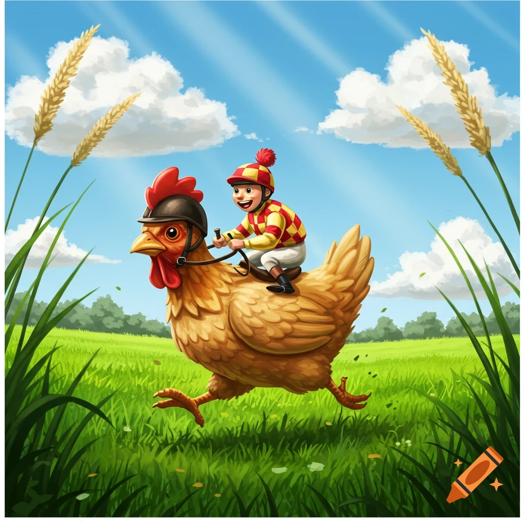A cheerful cartoon boy in jockey attire rides a chicken through a sunny green field.