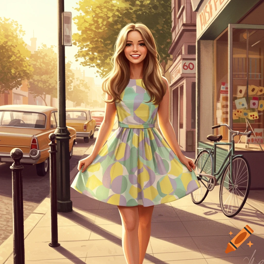 A smiling woman in a colorful patterned dress walks on a sunny street with vintage cars and a shop in the background.