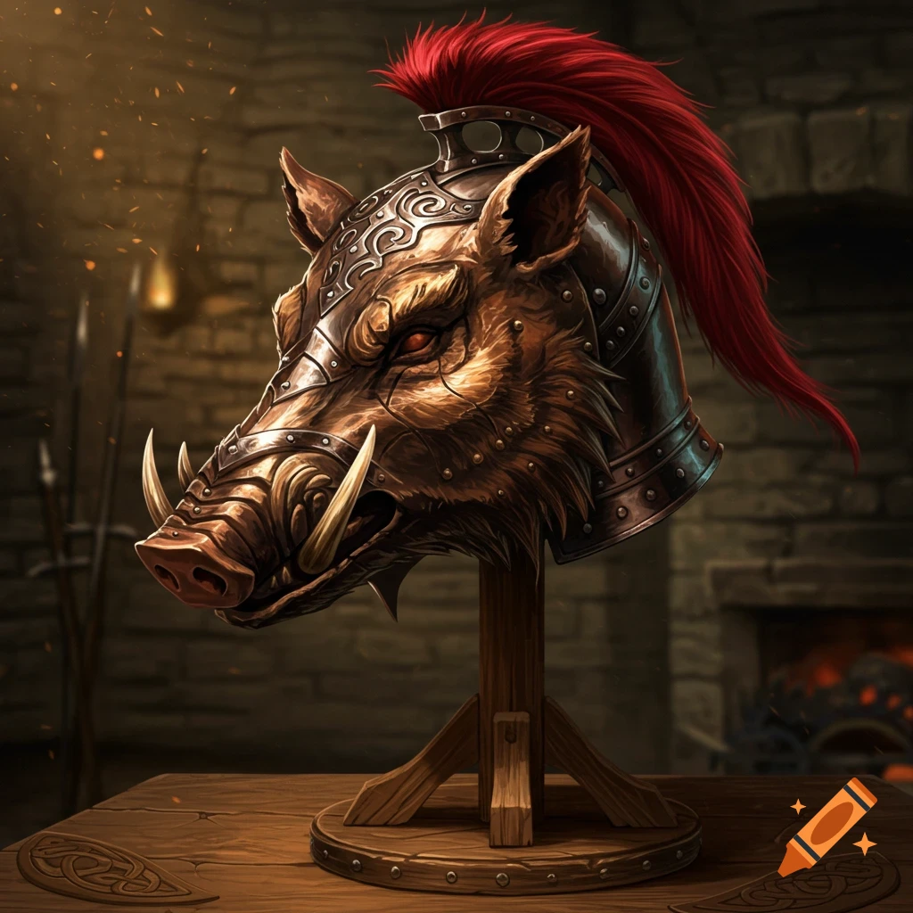 Detailed medieval boar's head helmet with a red plume on a wooden stand in a dark room.