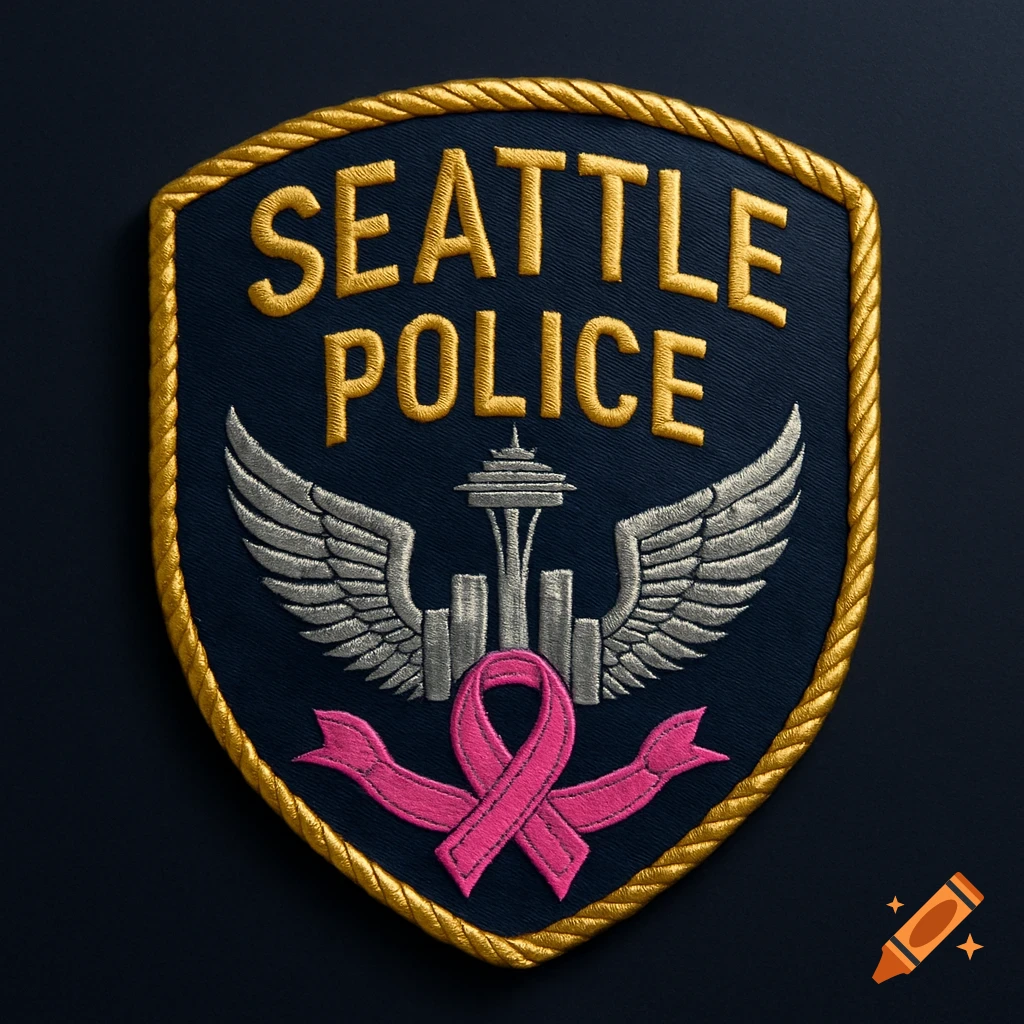 Photorealistic embroidered Seattle Police patch with Space Needle, wings, and a pink awareness ribbon.
