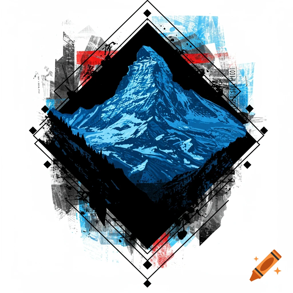 A stylized trash polka illustration of a blue mountain peak, framed within black geometric lines and abstract red and blue brushstrokes on a white background.