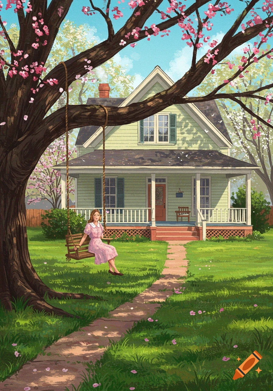 A woman in a pink dress sits on a swing in the front yard of a light green house with a porch, under a blooming tree in early spring.